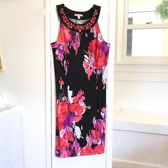 Dressbarn Floral Sleeveless Beaded Midi Sheath Dress Black Pink Women’s Size 10 - Picture 1 of 16